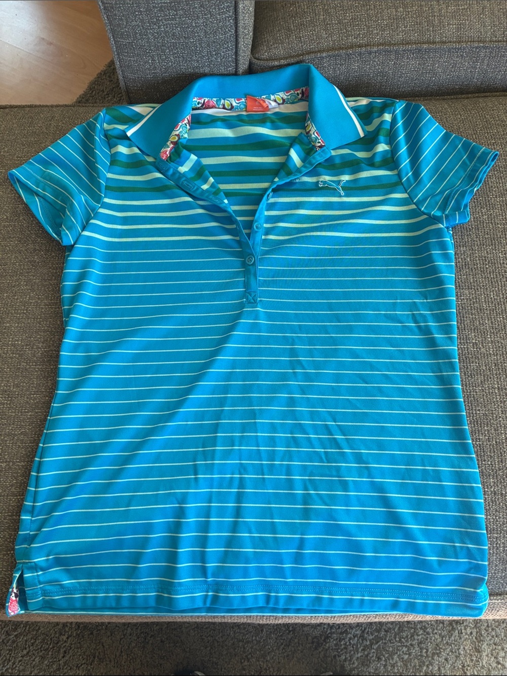 Puma Turquoise and Light Blue Striped Polo